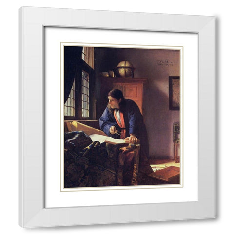 The Geographer White Modern Wood Framed Art Print with Double Matting by Vermeer, Johannes