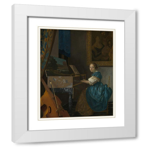 Lady Seated at a Virginal White Modern Wood Framed Art Print with Double Matting by Vermeer, Johannes