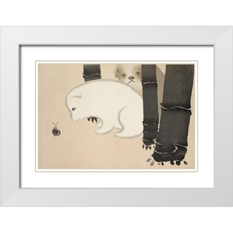 Dog and snail from Momoyogusa White Modern Wood Framed Art Print with Double Matting by Sekka, Kamisaka