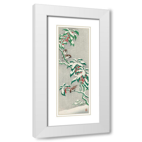 Sparrows on snowy berry bush White Modern Wood Framed Art Print with Double Matting by Koson, Ohara
