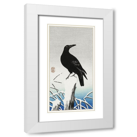 Crow on snowy pole White Modern Wood Framed Art Print with Double Matting by Koson, Ohara