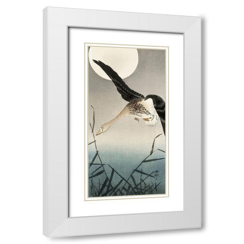White-fronted goose at full moon White Modern Wood Framed Art Print with Double Matting by Koson, Ohara