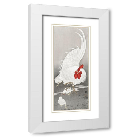Rooster and three chicks White Modern Wood Framed Art Print with Double Matting by Koson, Ohara