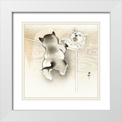 Two playing dogs White Modern Wood Framed Art Print with Double Matting by Koson, Ohara