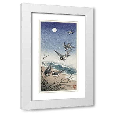 Birds at full moon White Modern Wood Framed Art Print with Double Matting by Koson, Ohara