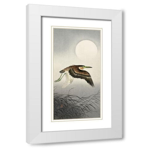 Heron at full moon White Modern Wood Framed Art Print with Double Matting by Koson, Ohara