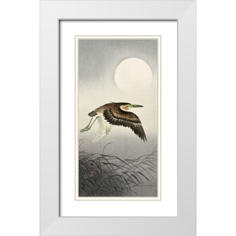 Heron at full moon White Modern Wood Framed Art Print with Double Matting by Koson, Ohara