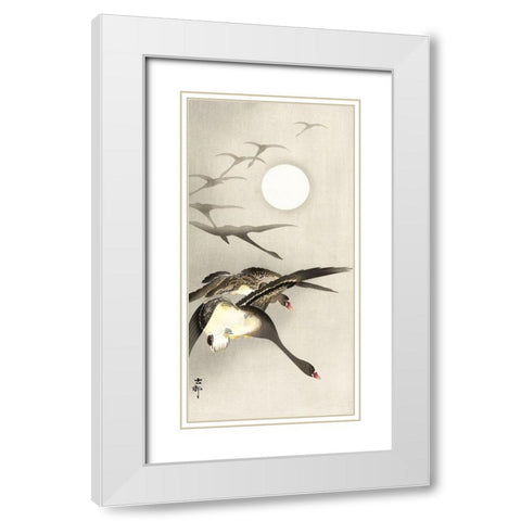 Geese at full moon White Modern Wood Framed Art Print with Double Matting by Koson, Ohara