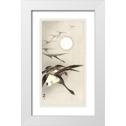 Geese at full moon White Modern Wood Framed Art Print with Double Matting by Koson, Ohara