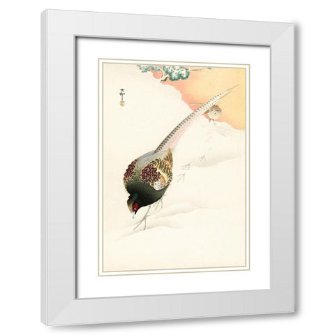 Pheasant couple in the snow White Modern Wood Framed Art Print with Double Matting by Koson, Ohara