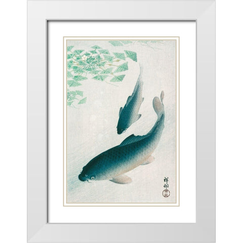 Carp or Koi White Modern Wood Framed Art Print with Double Matting by Koson, Ohara