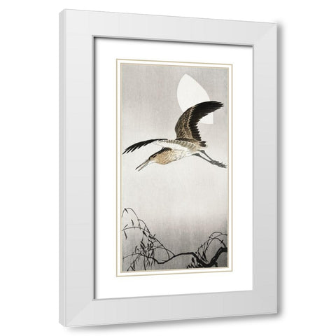Heron and moon White Modern Wood Framed Art Print with Double Matting by Koson, Ohara