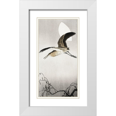 Heron and moon White Modern Wood Framed Art Print with Double Matting by Koson, Ohara
