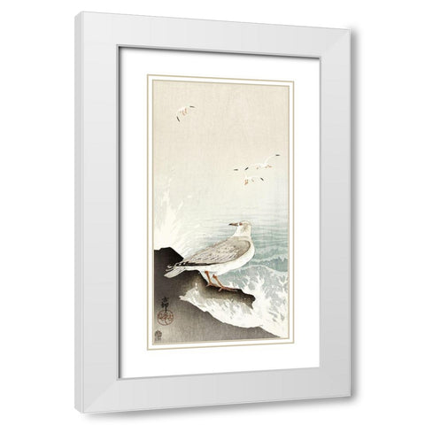Gull on rock White Modern Wood Framed Art Print with Double Matting by Koson, Ohara