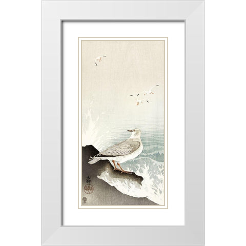 Gull on rock White Modern Wood Framed Art Print with Double Matting by Koson, Ohara