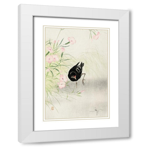Moorhen at flowering plant White Modern Wood Framed Art Print with Double Matting by Koson, Ohara
