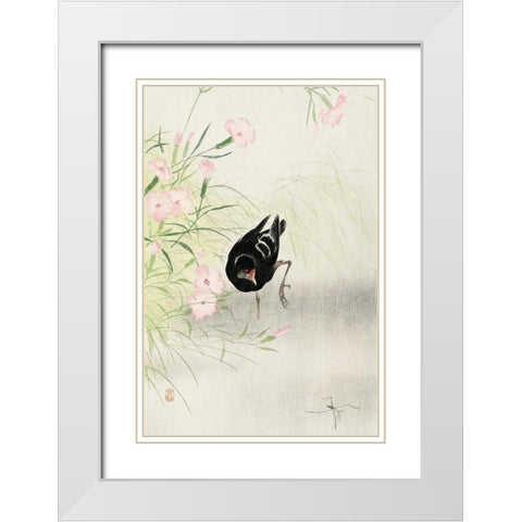 Moorhen at flowering plant White Modern Wood Framed Art Print with Double Matting by Koson, Ohara
