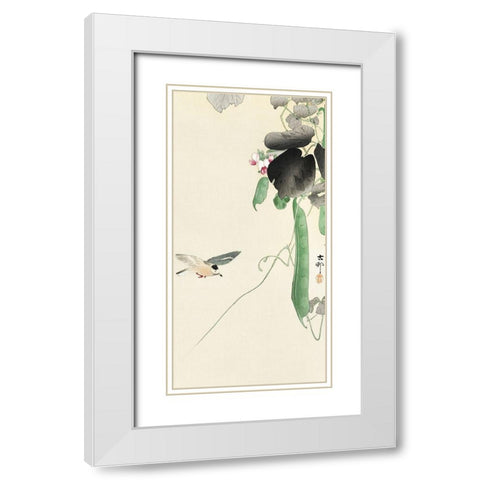 Bird at flowering bean plant White Modern Wood Framed Art Print with Double Matting by Koson, Ohara