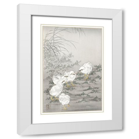 Five chicks White Modern Wood Framed Art Print with Double Matting by Koson, Ohara