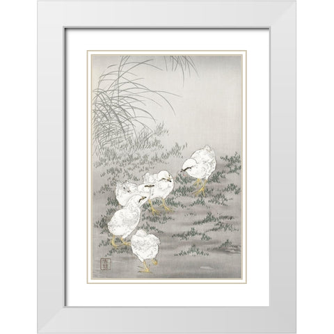 Five chicks White Modern Wood Framed Art Print with Double Matting by Koson, Ohara