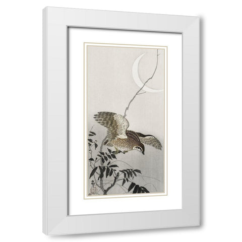 Quail at moon sickle  White Modern Wood Framed Art Print with Double Matting by Koson, Ohara