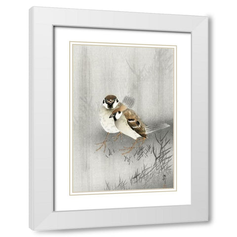 Two ring sparrows in the rain White Modern Wood Framed Art Print with Double Matting by Koson, Ohara
