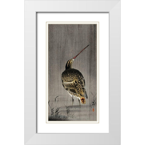 Snipe in the rain White Modern Wood Framed Art Print with Double Matting by Koson, Ohara