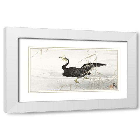 Japanese cormorant catching fish White Modern Wood Framed Art Print with Double Matting by Koson, Ohara