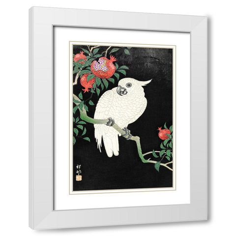 Cockatoo and Pomegranate White Modern Wood Framed Art Print with Double Matting by Koson, Ohara