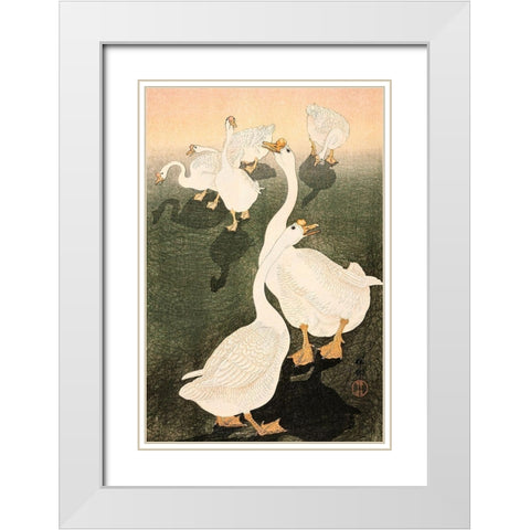 Geese White Modern Wood Framed Art Print with Double Matting by Koson, Ohara