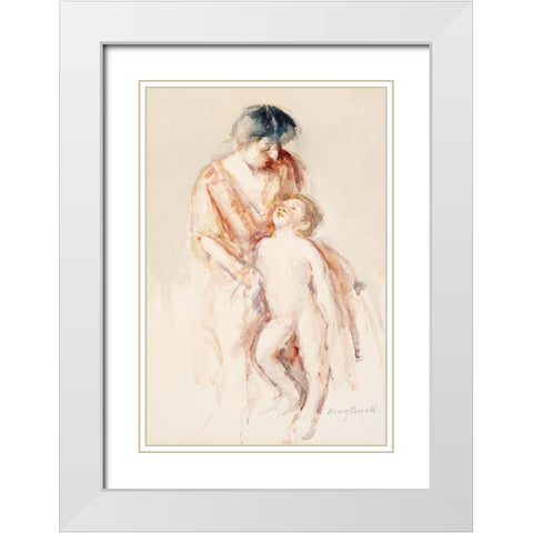 Woman with Nude Boy at Her Left White Modern Wood Framed Art Print with Double Matting by Cassatt, Mary