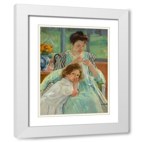 Young Mother Sewing White Modern Wood Framed Art Print with Double Matting by Cassatt, Mary