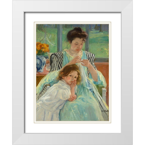 Young Mother Sewing White Modern Wood Framed Art Print with Double Matting by Cassatt, Mary
