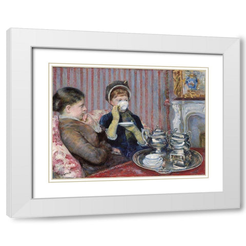 The Tea White Modern Wood Framed Art Print with Double Matting by Cassatt, Mary