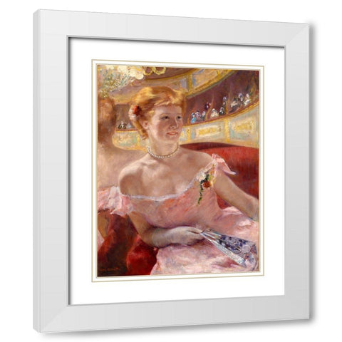 Woman with a Pearl Necklace in a Loge White Modern Wood Framed Art Print with Double Matting by Cassatt, Mary
