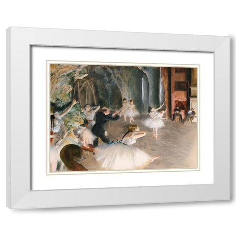 The Rehearsal Onstage White Modern Wood Framed Art Print with Double Matting by Degas, Edgar