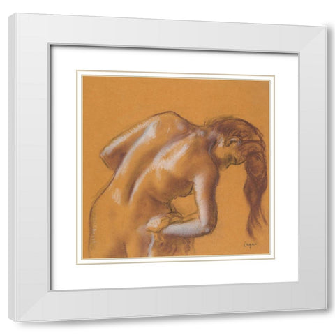 Nude lady. Bather Drying Herself White Modern Wood Framed Art Print with Double Matting by Degas, Edgar