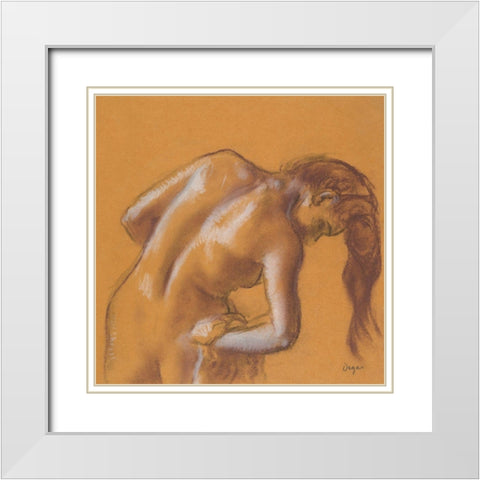 Nude lady. Bather Drying Herself White Modern Wood Framed Art Print with Double Matting by Degas, Edgar