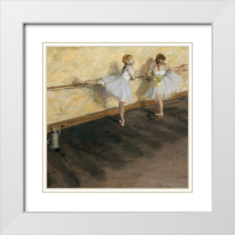 Dancers Practicing at the Barre White Modern Wood Framed Art Print with Double Matting by Degas, Edgar
