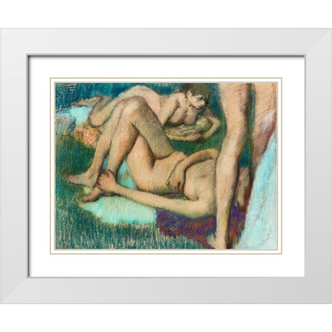 Naked Women Bathers White Modern Wood Framed Art Print with Double Matting by Degas, Edgar