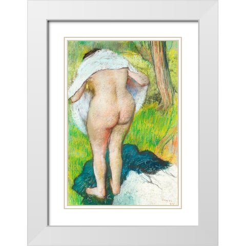 Girl Drying Herself White Modern Wood Framed Art Print with Double Matting by Degas, Edgar