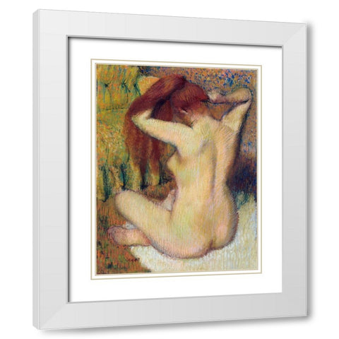 Woman Combing Her Hair White Modern Wood Framed Art Print with Double Matting by Degas, Edgar