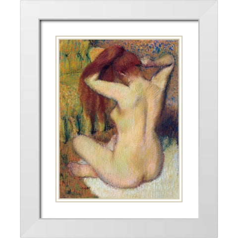 Woman Combing Her Hair White Modern Wood Framed Art Print with Double Matting by Degas, Edgar