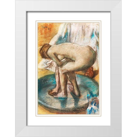 Woman Bathing in a Shallow Tub White Modern Wood Framed Art Print with Double Matting by Degas, Edgar