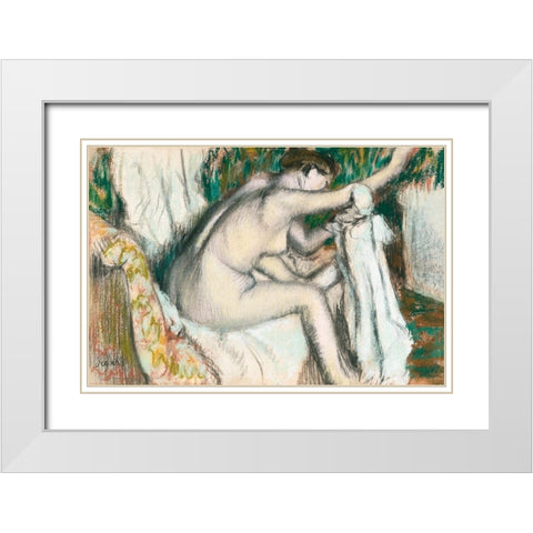Woman Drying Her Arm White Modern Wood Framed Art Print with Double Matting by Degas, Edgar