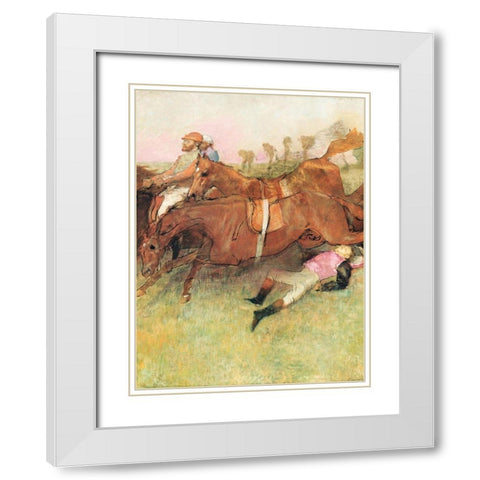 Scene from the Steeplechase: The Fallen Jockey White Modern Wood Framed Art Print with Double Matting by Degas, Edgar