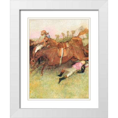 Scene from the Steeplechase: The Fallen Jockey White Modern Wood Framed Art Print with Double Matting by Degas, Edgar