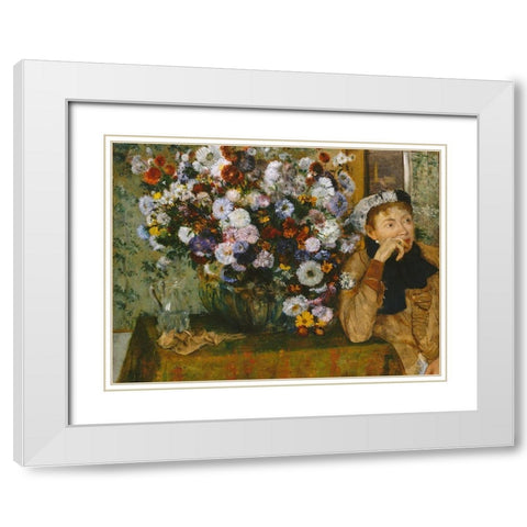 A Woman Seated beside a Vase of Flowers White Modern Wood Framed Art Print with Double Matting by Degas, Edgar