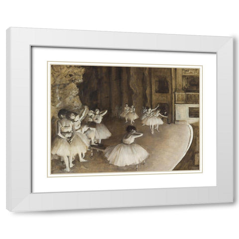 Ballet Rehearsal on Stage White Modern Wood Framed Art Print with Double Matting by Degas, Edgar