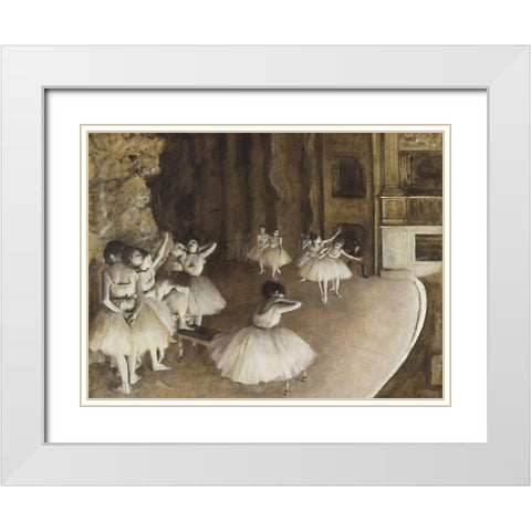 Ballet Rehearsal on Stage White Modern Wood Framed Art Print with Double Matting by Degas, Edgar
